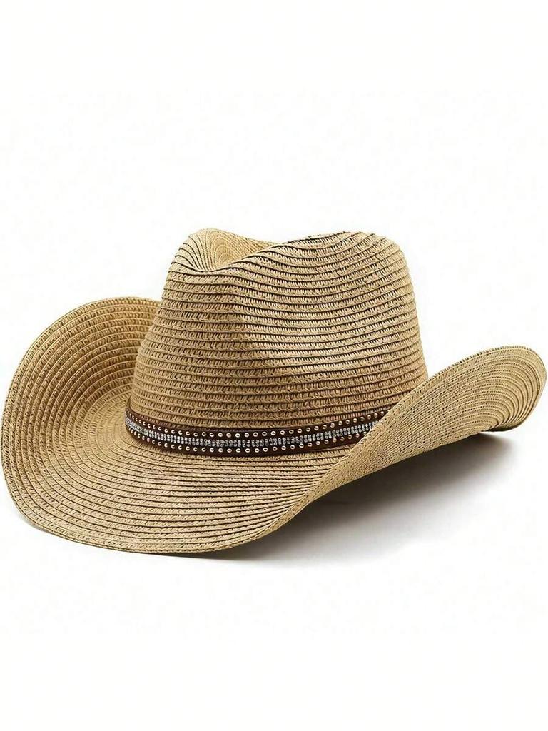 Womens Straw Cowboy Hat With Wide Brim For Beach Outdoor UV Protection