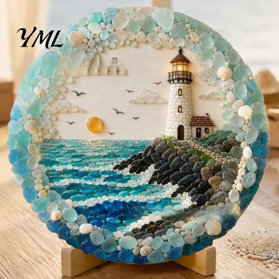 Housewarming Gift for Beach House Lighthouse Sea Glass Art Wall Ornament, Hand Assembled Shells And Tumbled Decorative Ornament Decor, Style