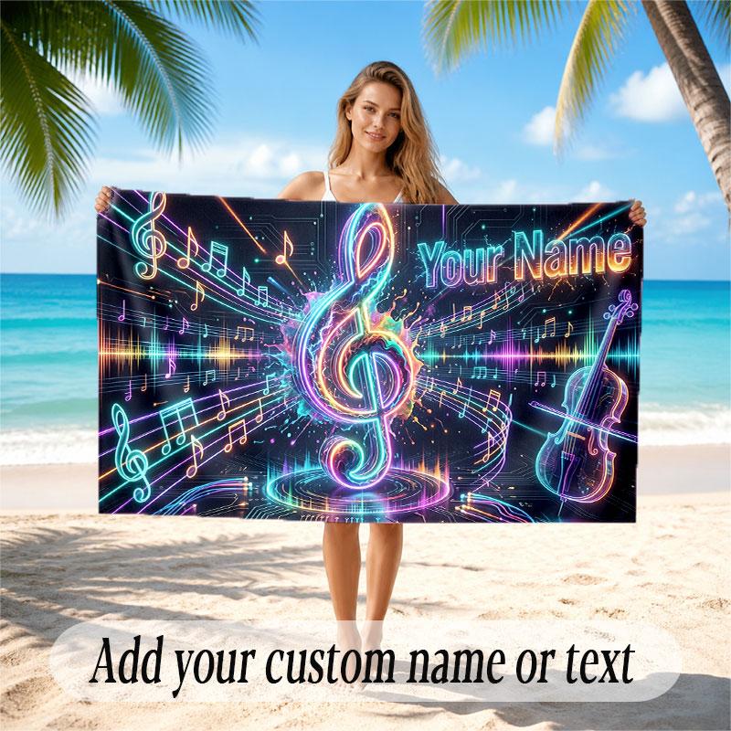 Music General Theme Beach Towel Personalized Custom Name & Text Soft Quick Dry Beach Towel for Swimming Travel