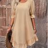 Women's Retro Cotton Linen Mid-Sleeve Round Neck Ruffle Dress