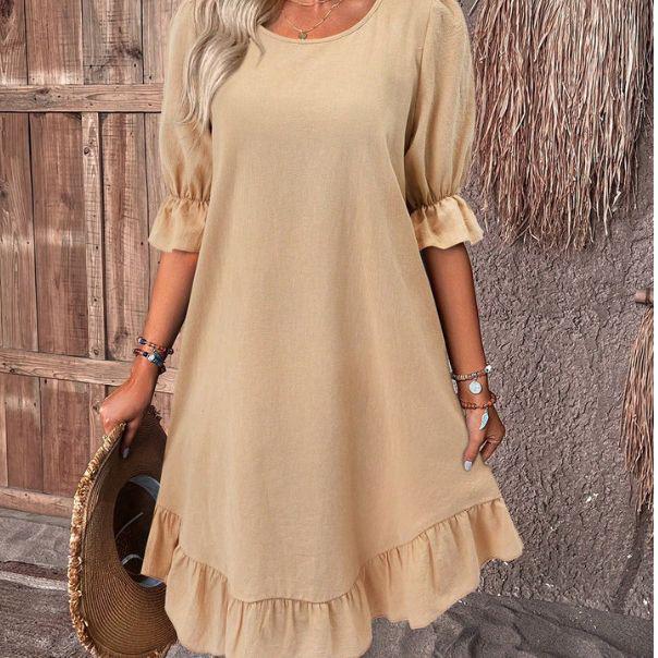 Women's Retro Cotton Linen Mid-Sleeve Round Neck Ruffle Dress