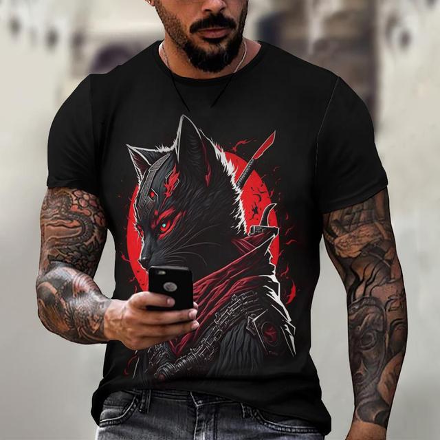 Animal T-Shirts For Men Summer Short Sleeve Tee Japanese Samurai Pattern Print Oversized Clothing Fashion Casual Streetwear