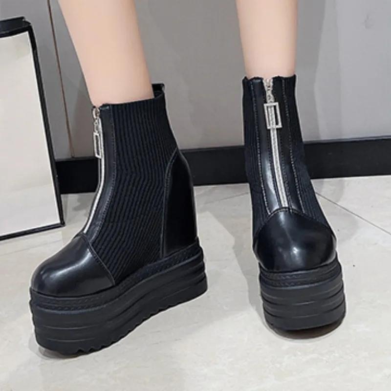 2024 New Autumn Winter Thick Sole Women Boot Fashion Round Head Front Zipper Platform High Heels Women's Leather Ankle Boots