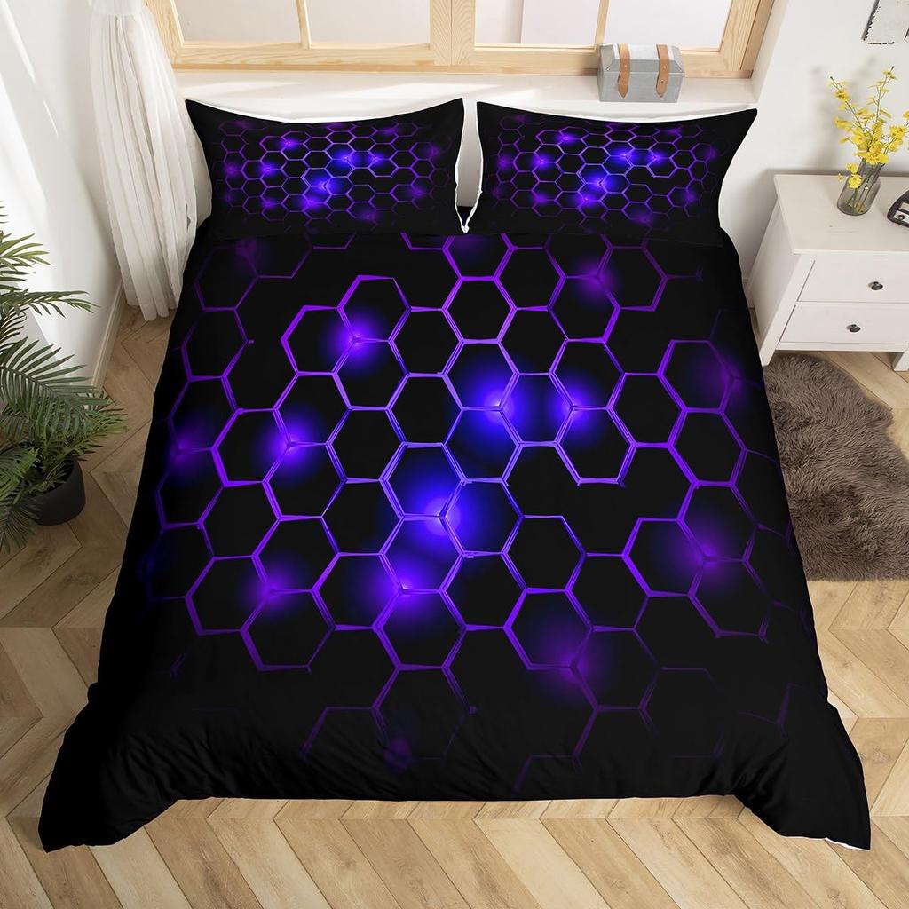 Geometry Hexagon Duvet Cover Navy Blue Comforter Cover Watercolor Honeycomb Abstract Tie Dye Bedding Set Microfiber Quilt Cover
