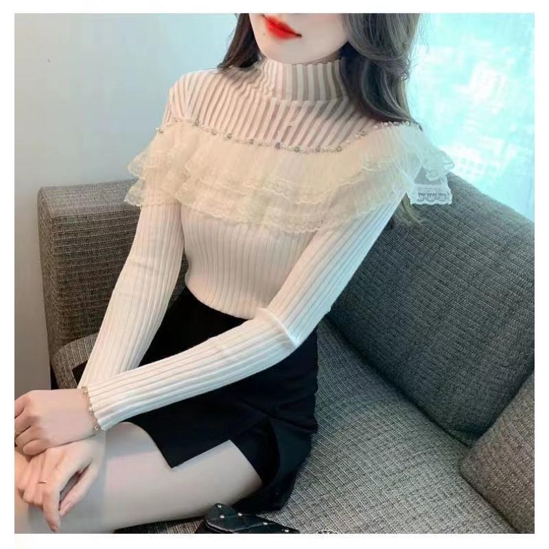 New Style Half Turtleneck Lace Ruffle Patchwork Sweater Feminine Style Studded Top