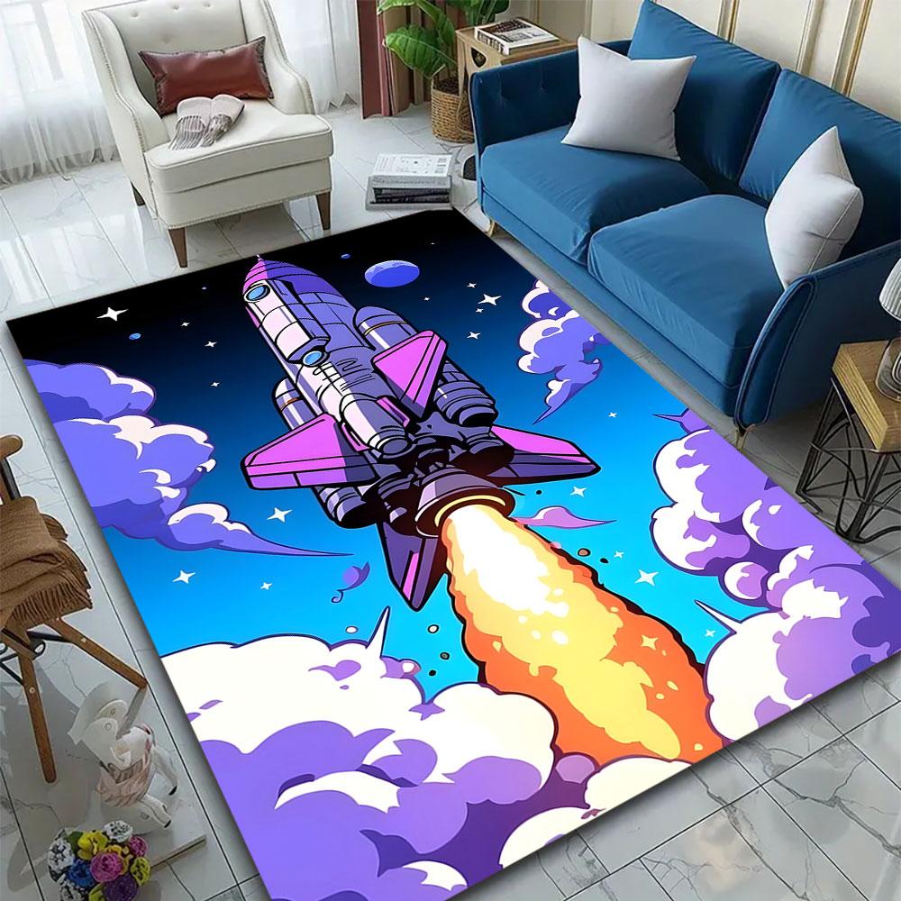 "Colorful Rocket Launch In Space" Patterned Carpet, Suitable As a Non Slip Play Mat for the Living Room and Bedroom Sofa