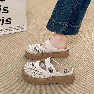 Fashion CRLAYDK Mules for Women Summer Breathable Slip On Shoes Knit Walking Platform House Slippers Ladies Closed Toe Casual Slides