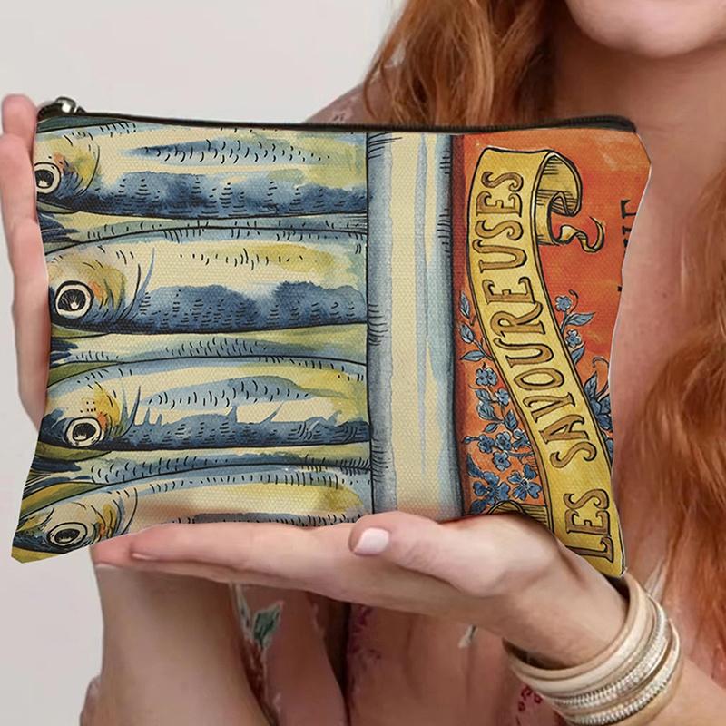 

Винтажная холщовая косметичка Простая косметичка большой вместимости Женский дорожный клатч Сумка для туалетных принадлежностей Ретро дизайн с сардинами и оливковым маслом