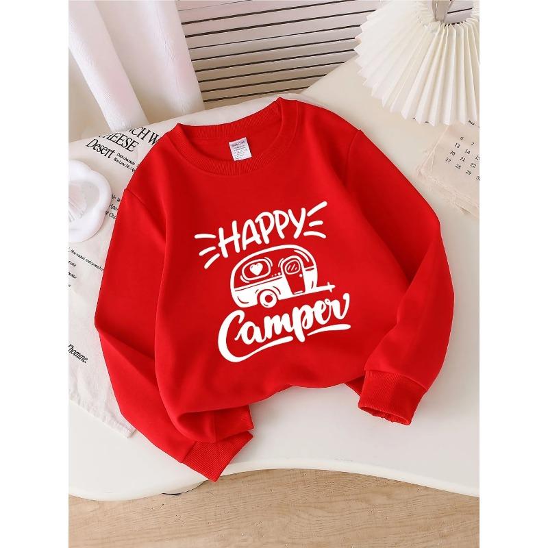 European sizes Kids' Happy Camper Trailer & Camping Print Hoodie - Soft Round-Neck Pullover, Spring/Fall Outdoor Wear for Little Kids, Casual Playwear