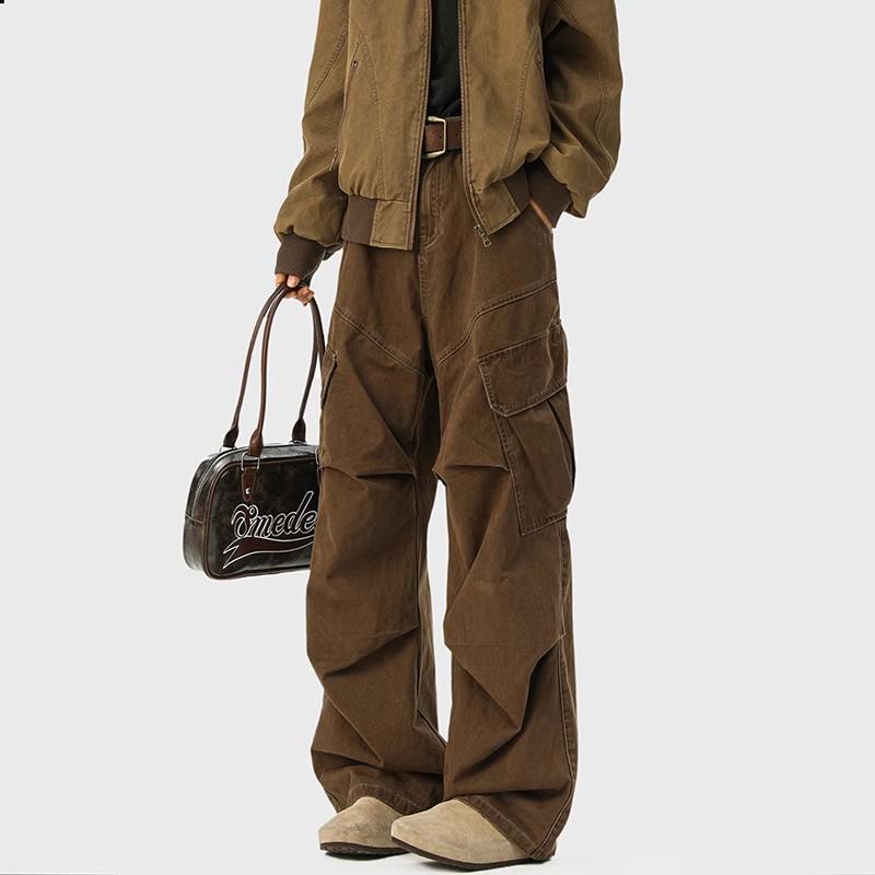 Men's Mylar Brown Cargo Pants: American Retro Multi-Pocket, Autumn/Winter CleanFit Micro-Flare Jeans