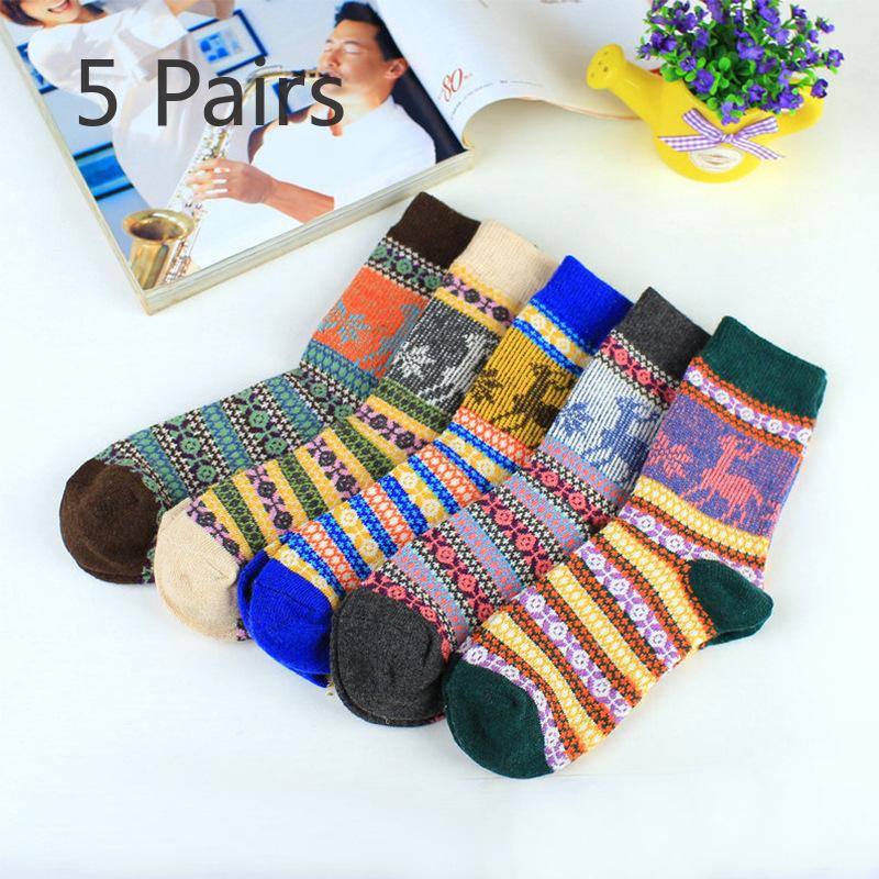 5 Pairs of Thick and Warm Women's Rabbit Wool Socks and Deer Artistic Ethnic Style Cashmere Women's Socks for Autumn and Winter