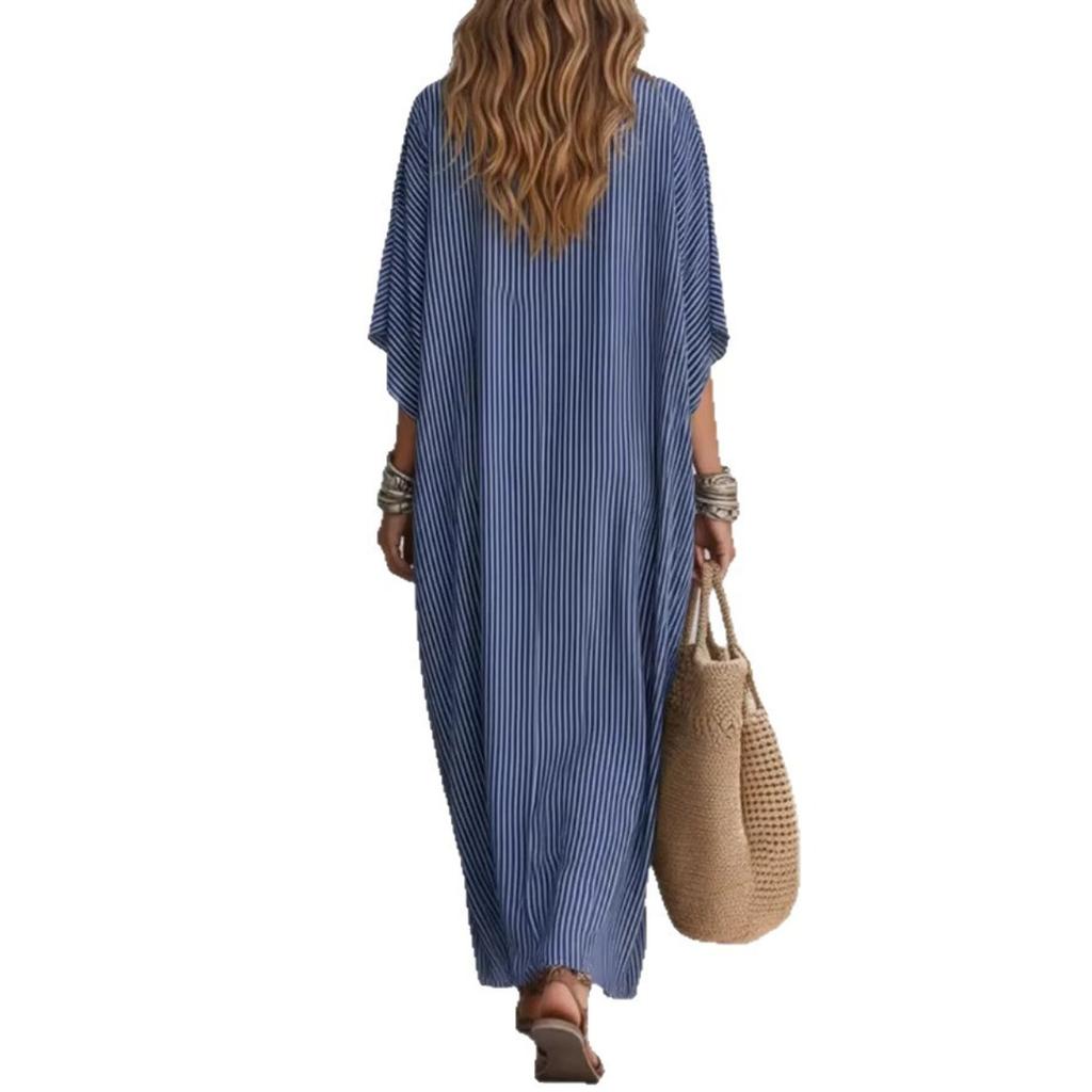 New Fashion V-neck Striped Loose Casual Long Dress for Women European American Vacation Dress
