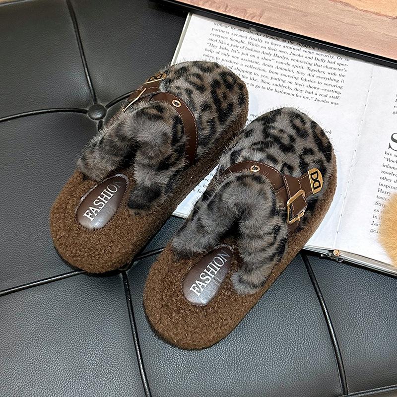 Thick-soled Plush Bag Head Half-towed Cotton Shoes, Women Wear Autumn and Winter New Internet Celebrities Popular Leopard Print Fluffy Slippers