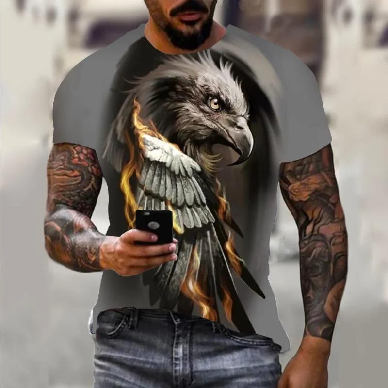 Loose Casual Plus Size Men's Short Sleeved T-shirt Eagle Soaring Print Fashionable Daily Comfortable Personalized T-shirt