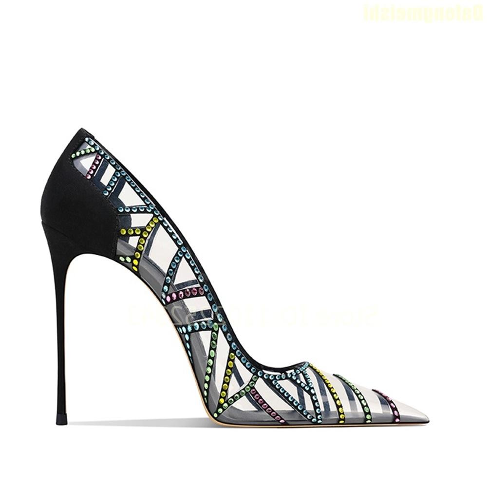 Fashion Black Transparent Colorful Rhinestone Bling Bling Pumps 2025 Spring New Pointed Toe Stiletto High Heels Shallow Fashion Sandals