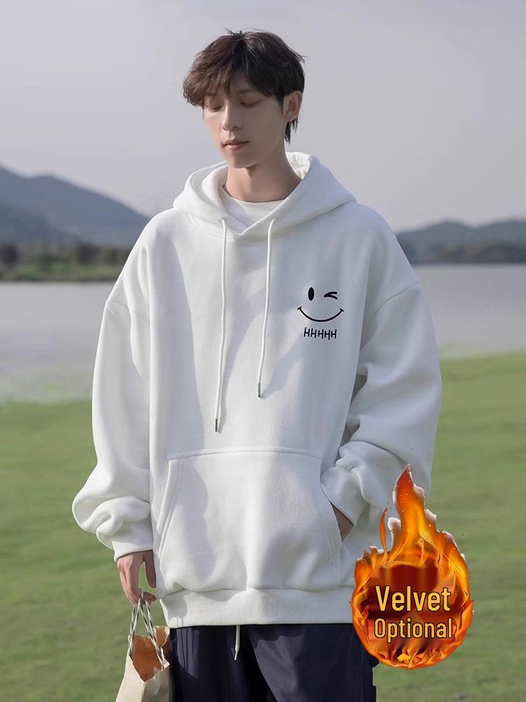 Men's Casual Navy Blue Hooded Sweatshirt, Autumn/Winter New Arrival with Velvet, Trendy Brand, Large Size, Loose Fit.