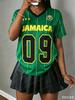 2026 Jamaica Maglia da Calcio a Rete Strisciata Stampa Lettere Manica Corta alla Moda Streetwear Estiva Maglietta da Donna Top Y2k