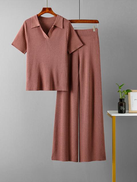 Suits Women Knitted Polo Collar Pullover Short Sleeved Tops +slim Solid Color Wide Leg Pants Suit Fashion Womens Two Peice Sets