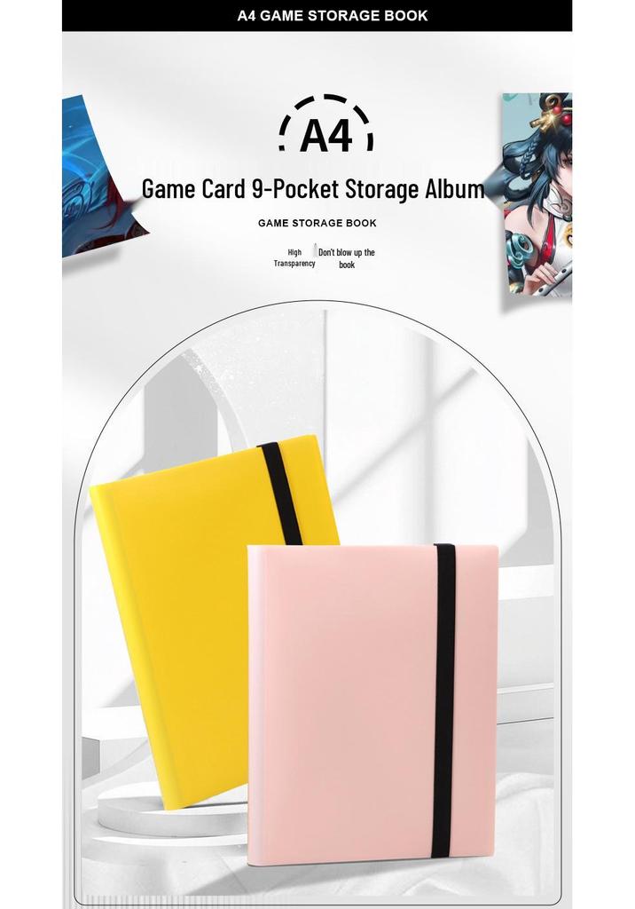9-Grid PP Color Cover Game Card Album with Binding Strap, 360 Double-Sided A4 Slots for Anime Card Storage.