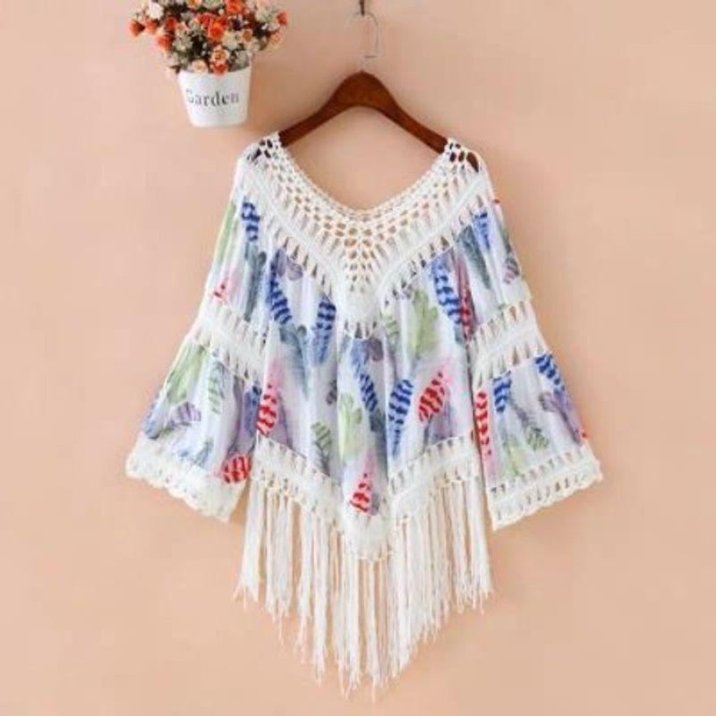Bohemia Style Spring and Summer New Arrival Fashion V Neck Crocheted Cut Out Stitching Tassel Blouse Loose Sun Protection Outwear Women