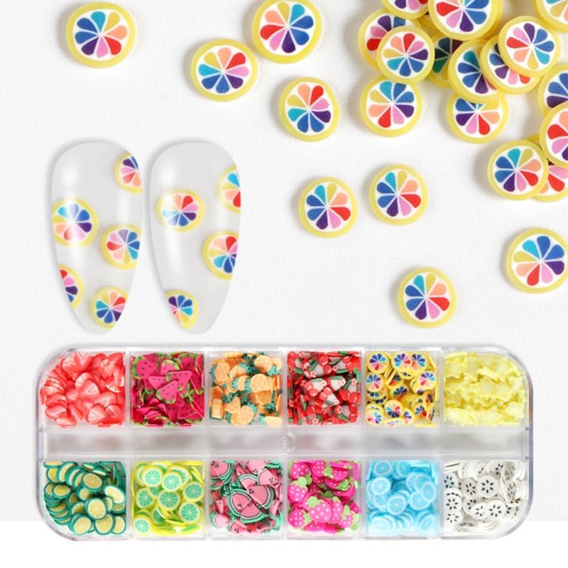 12 Grids/Box Fruit Soft Clay Beads Fruit Nail Art Supply Slime 3D Polymer Slices UV Epoxy Resin Mold Filler Decorations