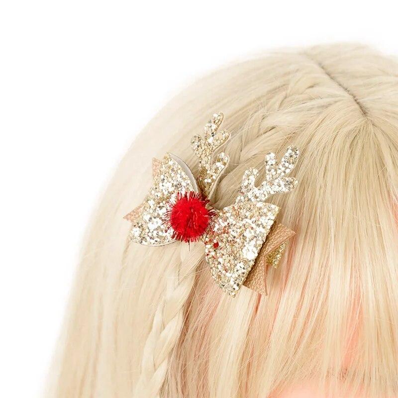 2/4pcs Christmas Elk Ear Bow Hair Clip Glitter Gold Red Hairpin Women Girls Headdress New Year Party Barrettes Cosplay Headwear