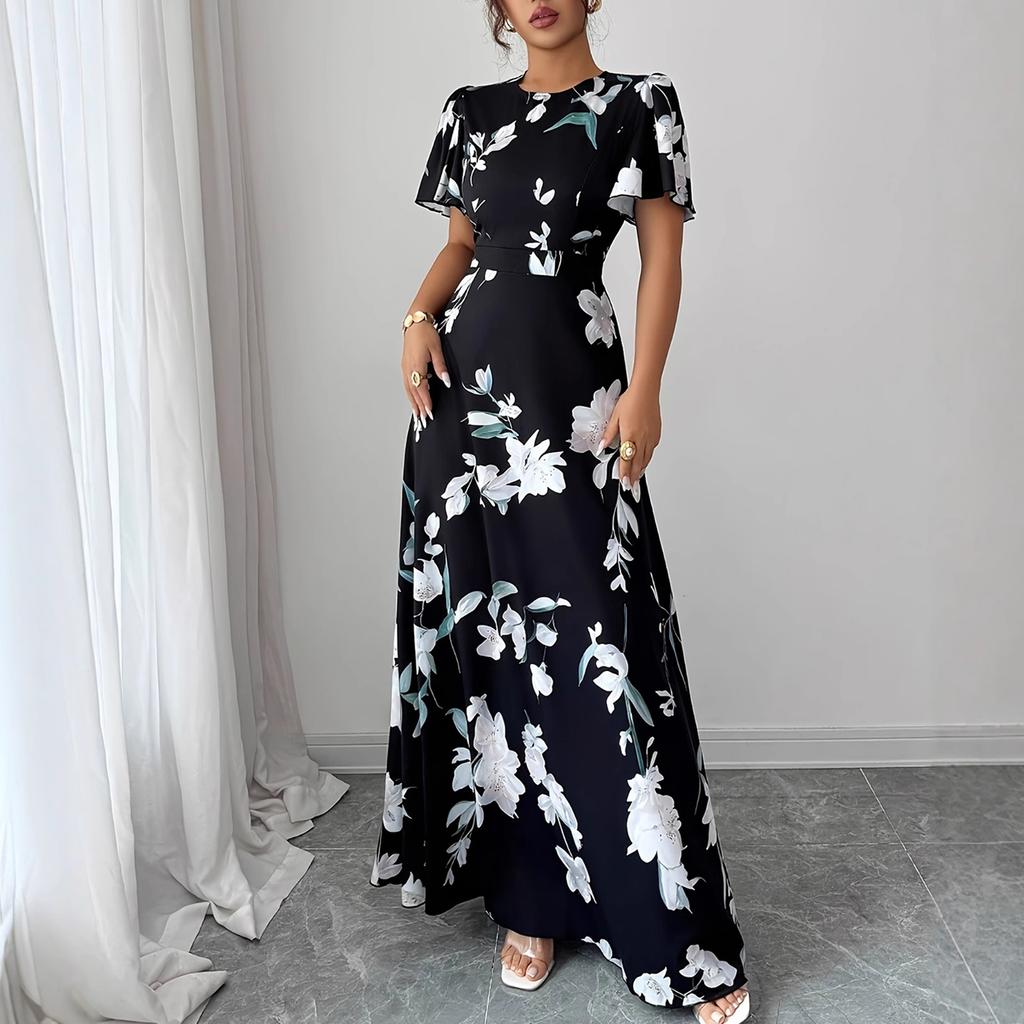 Women's Fashionable Round Neck Short Sleeved Floral Print Waist Cinched Bohemian Dress
