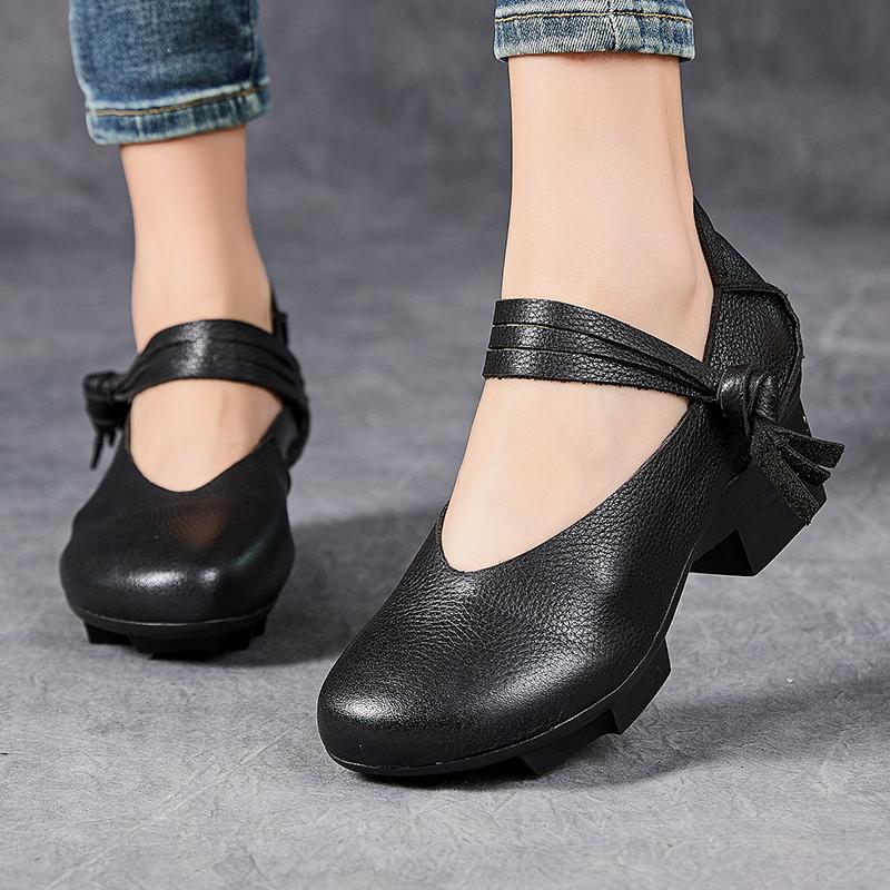 Fashion GKTINOO Retro Thick Heel Women Shoes Hook Loop Mary Jane Loafers Luxury 5 Cm Pumps Genuine Leather Sewn Square Heel Single Shoes