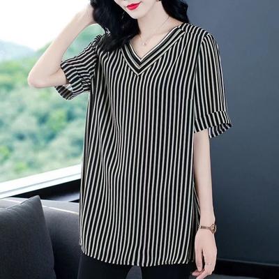 Mom's Striped T-shirt for Women's Casual Large Size Women's Summer New Fat Mm Fashionable Loose Slimming Top