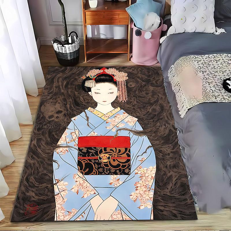 Geisha in Cherry Blossom Kimono suitable as a non-slip mat for the living room or bedroom sofa