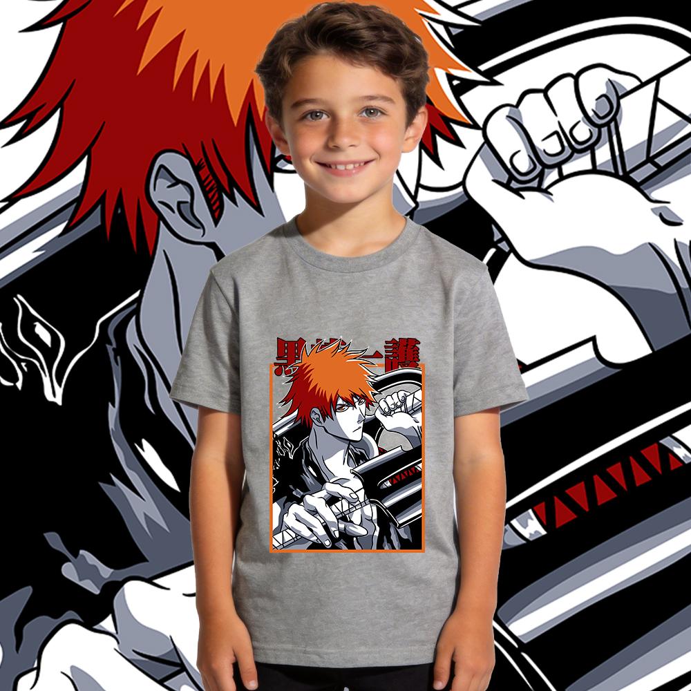 100 Percent Cotton Kids Anime T Shirt Bleach Ichigo Print Casual Summer Short Sleeve Top for Boys and Girls