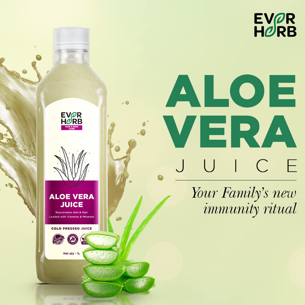 Everherb Hair & Skin Care 100% Organic Aloe Vera Juice With Pulp Rejuvenates Skin, 1000ml 2.2lbs