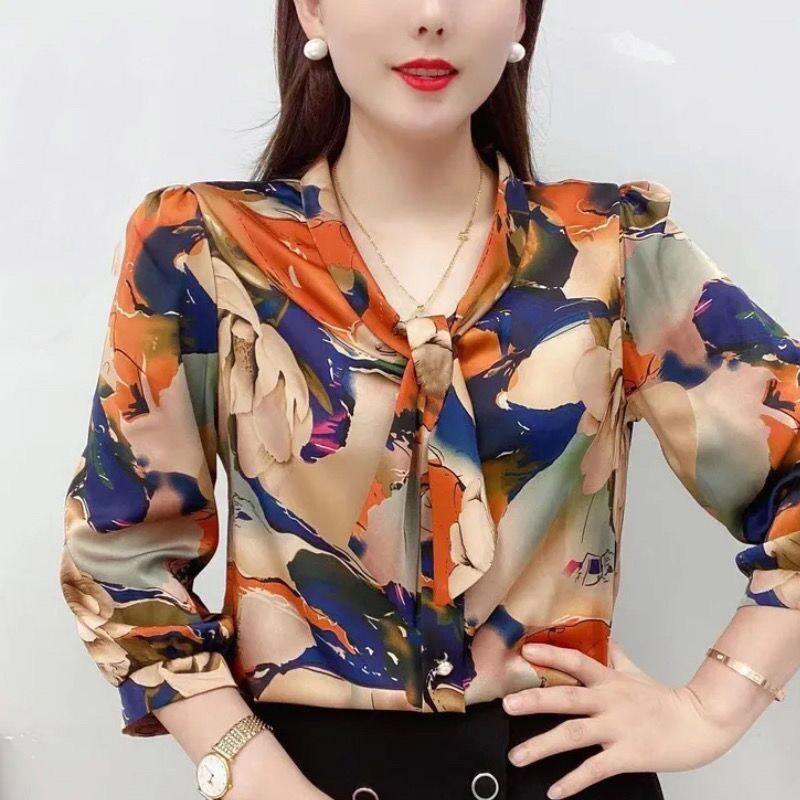 Fashion Temperament Loose Flowered Shirt New Classic Long Sleeve Scarf Collar Butterfly Bow Autumn All-match Lady Chiffon Top