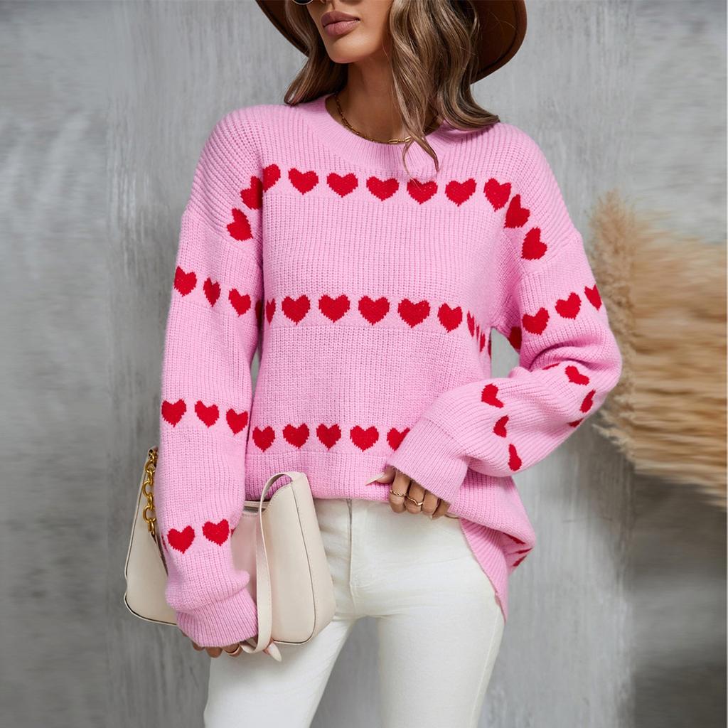 Women's Casual Fashion Round Neck Heart Sweater Knitted Bottoming Shirt