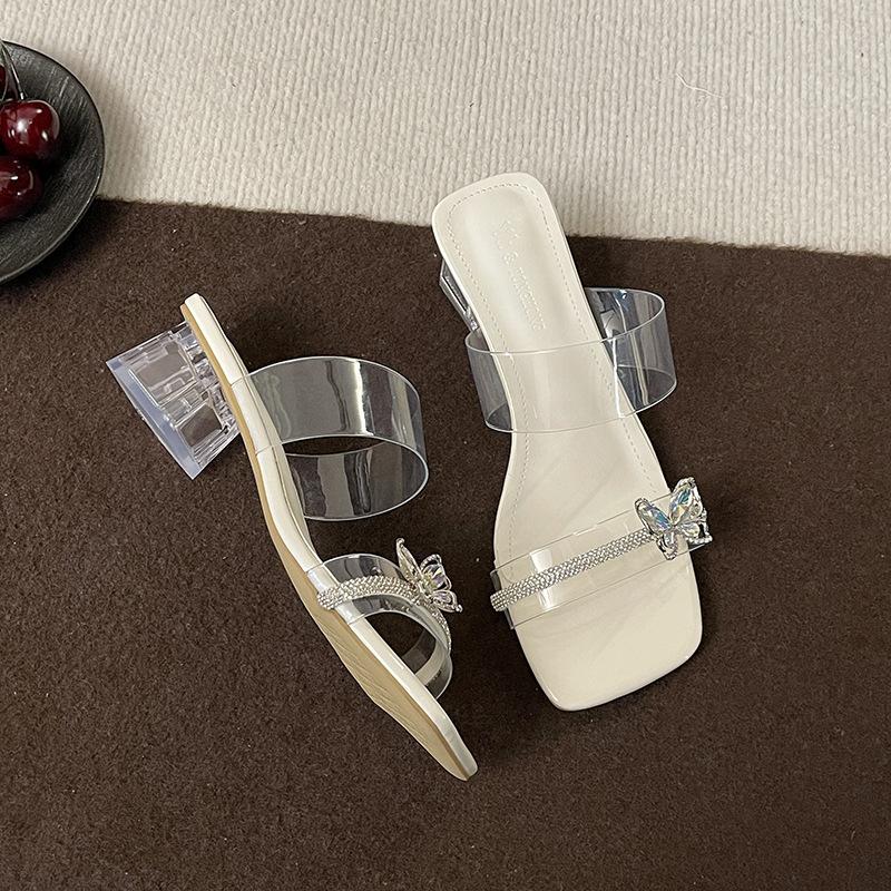 

Butterfly rhinestones 2025 summer new beautiful with skirt thick heel crystal transparent and holiday cool slippers 40 бежевый