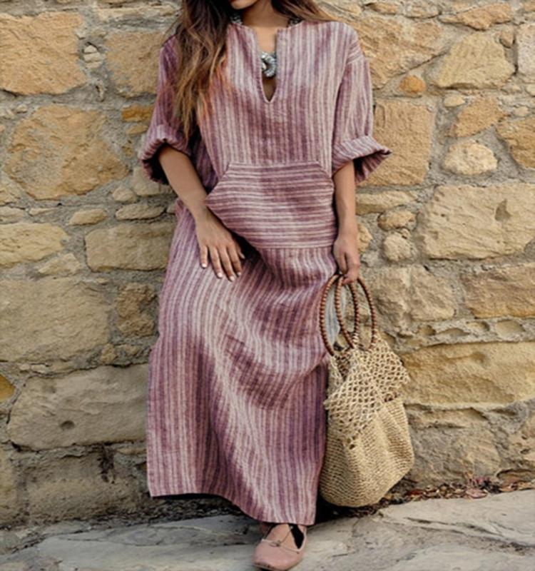 Art Vintage Cotton Linen Striped Long Dress With Loose Fit For Women