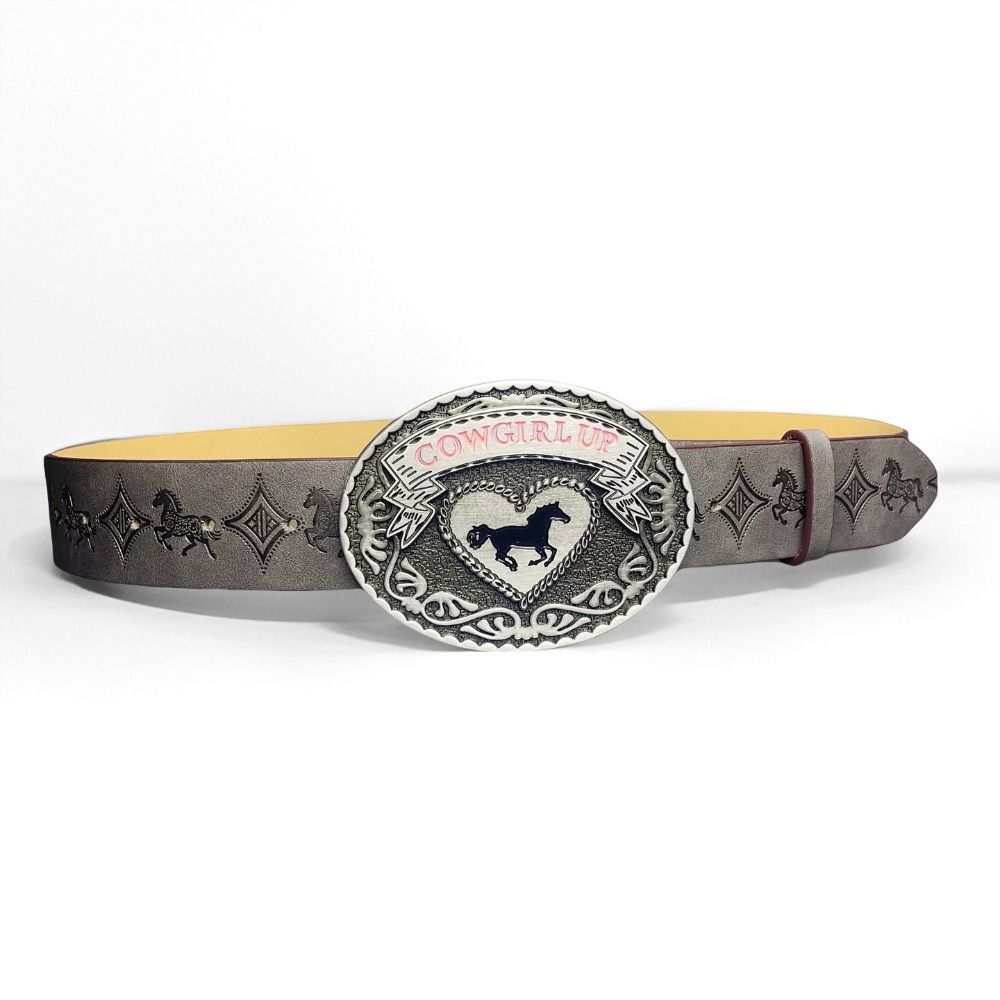 Cinturón Floral en Relieve de Marca de Moda COWGIRL UP Hebilla de Corazón Caballo Cinturilla para Mujeres Spice Girls