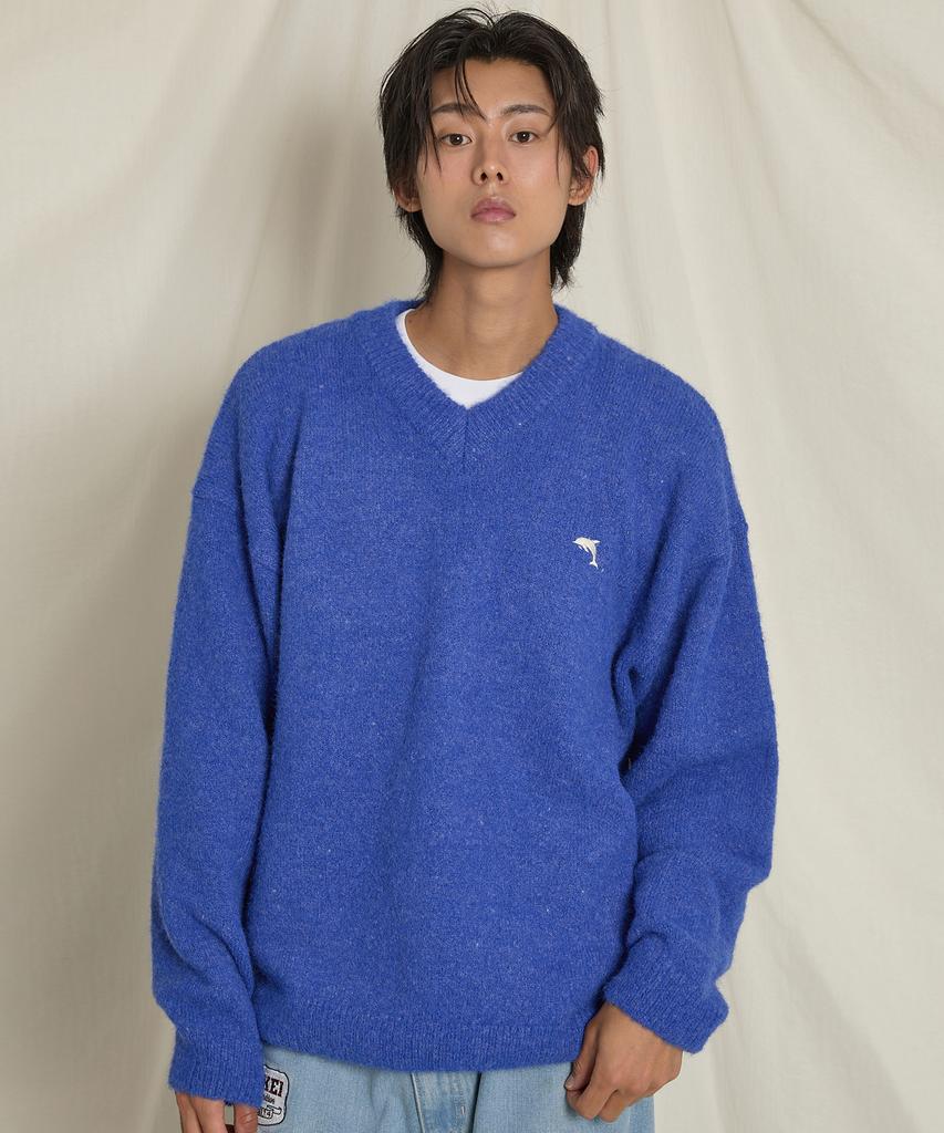 WAIKEI Dolphin Hairy V-Neck Knit Blue