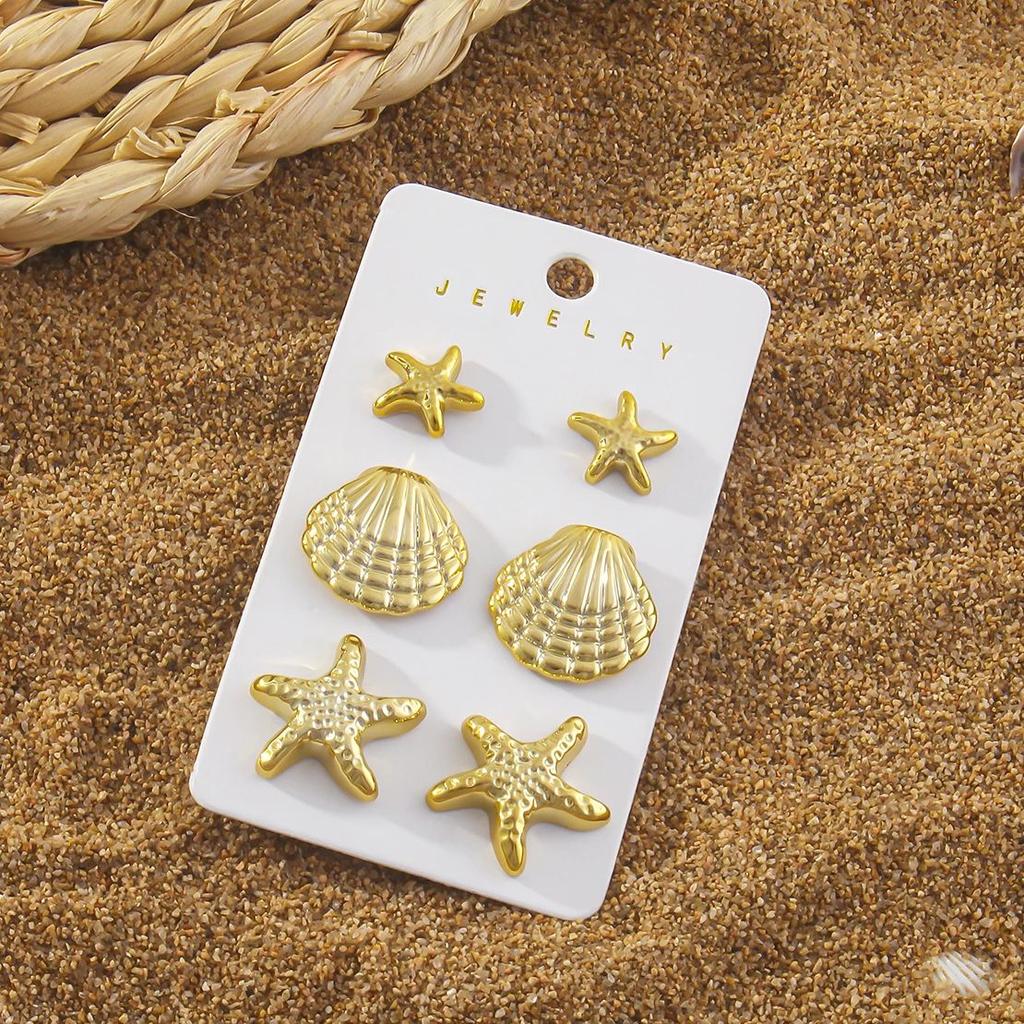 6Pcs Exquisite Starfish Shell Stud Earrings Fashionable CCB Earring Set Women's Summer Beach Party Jewelry Gifts