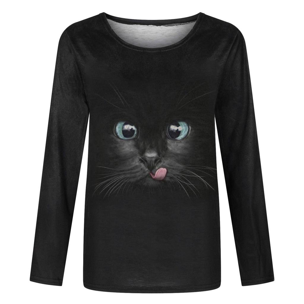 Fashion Women Summer Loose Solid Cat Printed Long Sleeve  Blouse Tops