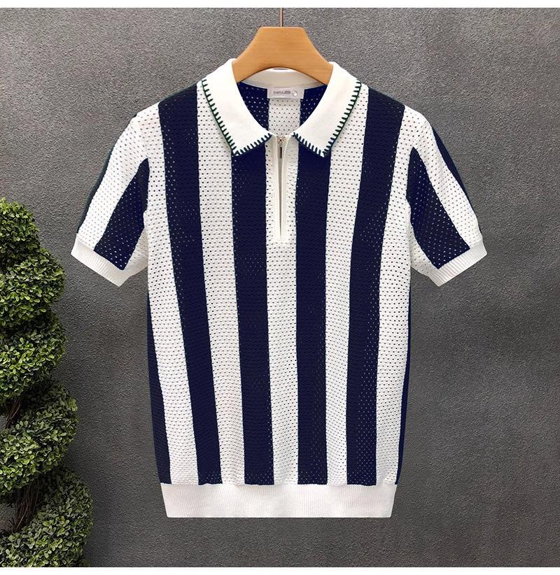 Men's Vintage Openwork Knit Half-Zip Polo Shirt, Short Sleeve, Trendy Royal Blue