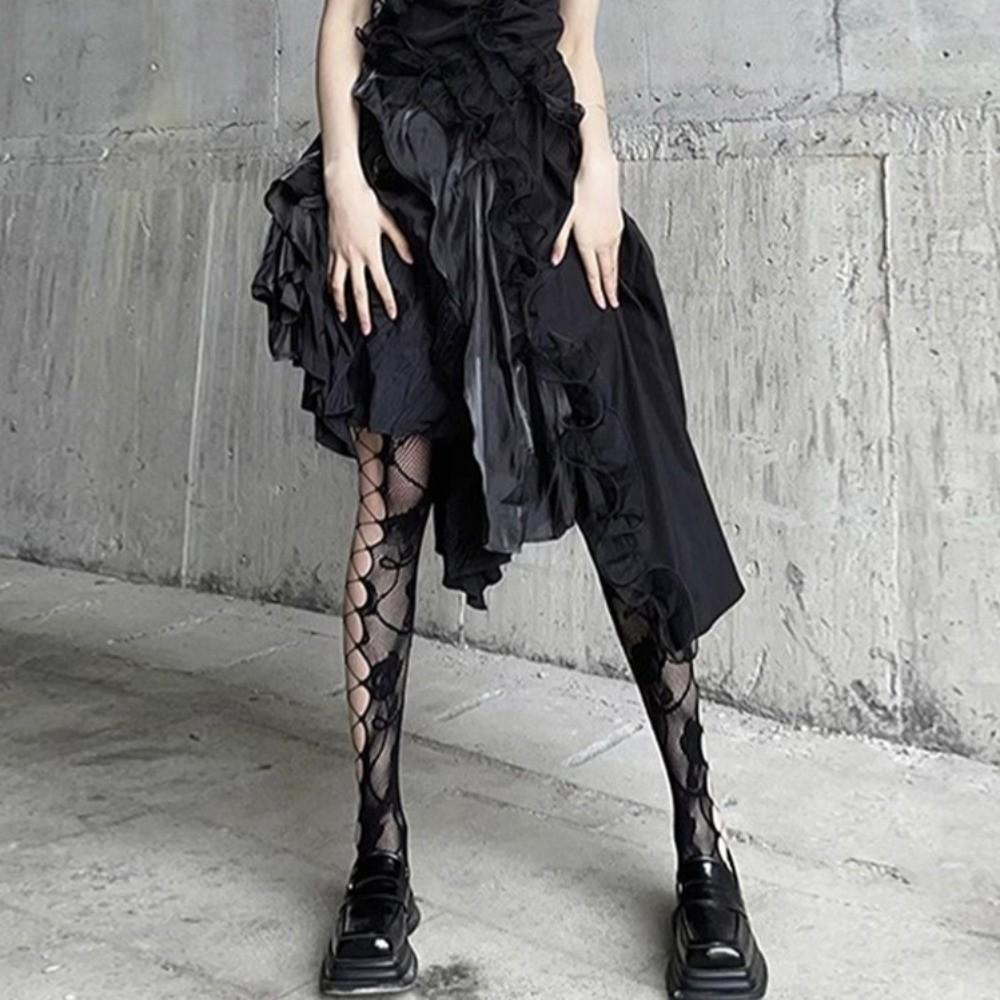 Bas résille à motifs rétro Bas résille à motifs floraux jacquard creux sur le côté Collants résille taille haute