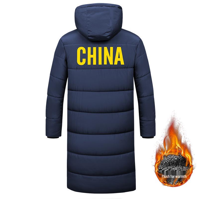 

Men s Winter Athletic Long Coat - Thick Cotton, Plus Velvet, Knee-Length with Logo Print 6XL