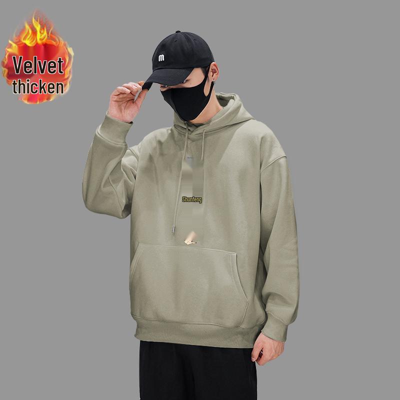 Shawn Yue Fleece-Lined Hoodie: Men's Hong Kong Style, Autumn/Winter, Trendy Brand, Large Size, Versatile Shirt