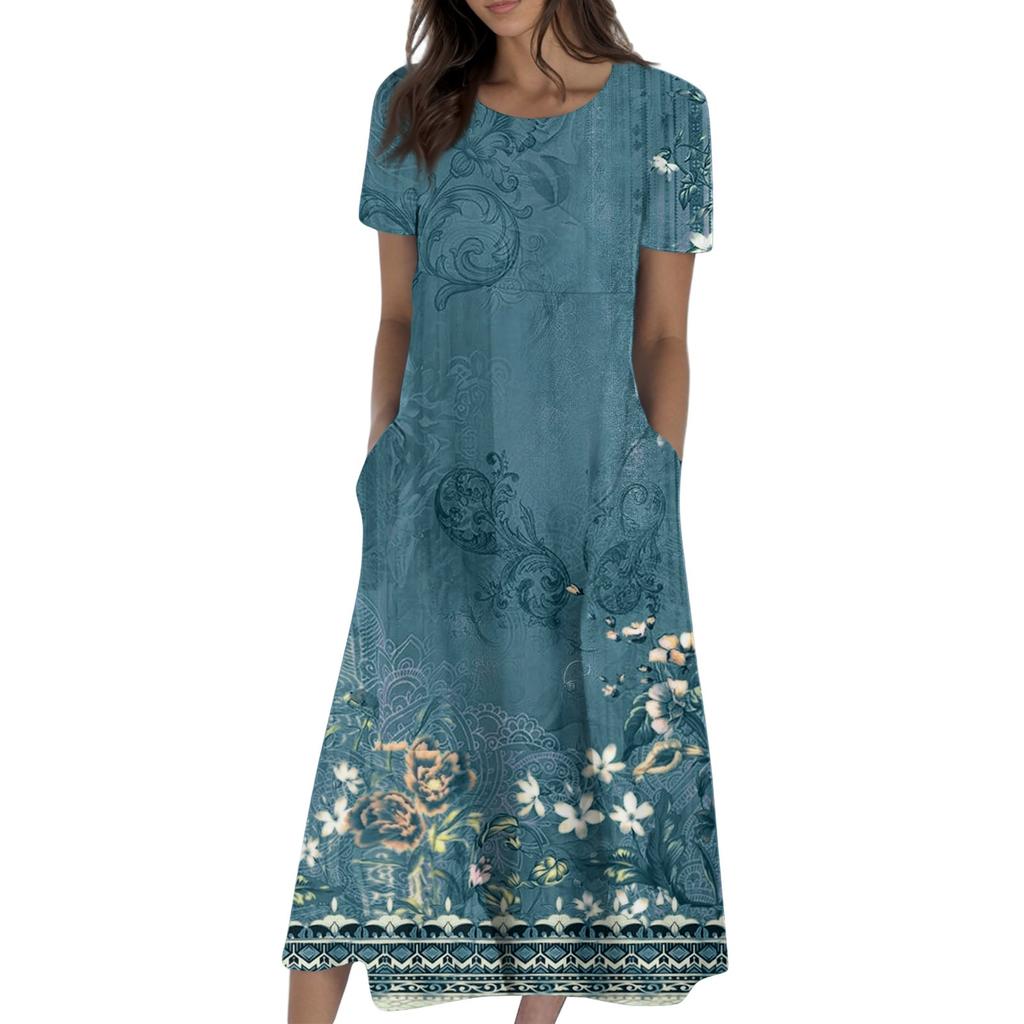 Women's Summer Casual Fashion Printed Short Sleeve Round Neck Pocket Dress
