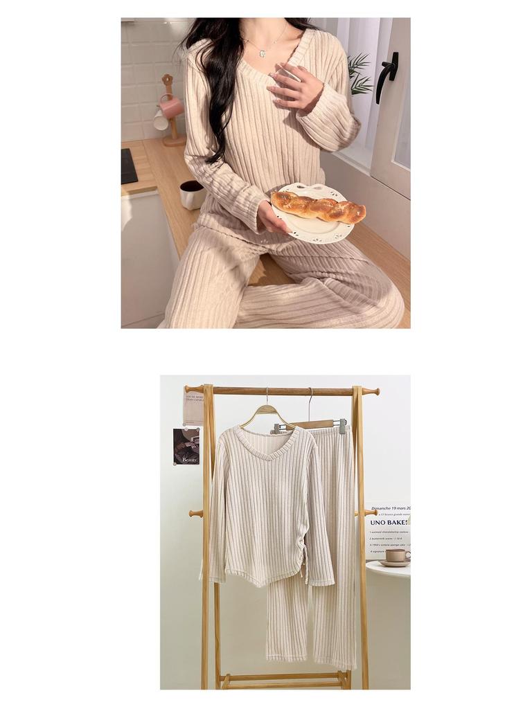 2025 Korean Women's Pajamas with Bra Pads: Knitted Long Sleeve & Pants, Plus Size, for Spring, Autumn, Winter