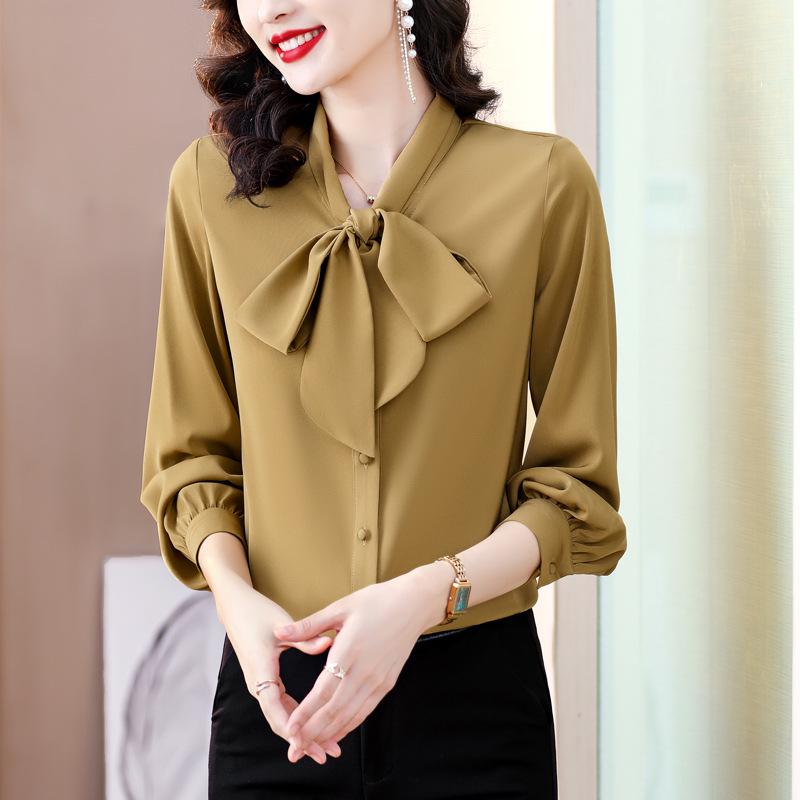 

Женский шелковый пуловер с бантом Mulberry - Lip 6003: Свободный топ для поездок на работу с длинными рукавами и имитацией шелковой ленты 2XL хаки