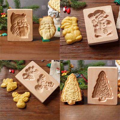 Moules à biscuits en bois pour bricolage de Noël 3D Gravés en relief Biscuit Pain d'épice Cutter Moules Arbre de Noël Père Noël Outils à biscuits
