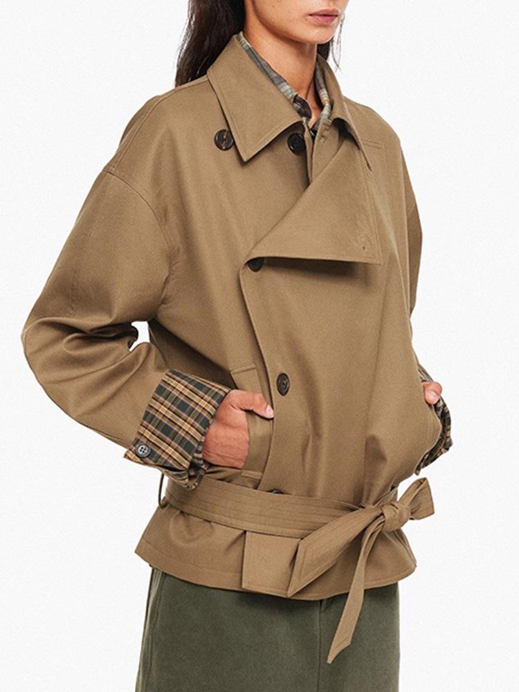 Vintage Double-Breasted Plaid Trench Coat for Women