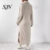 Ribbed Sweater Dress Women Knit for Fall Winter, Long Sleeve with Elegant Dresses Side Split, Solid Color Casual Collared V Neck Midi